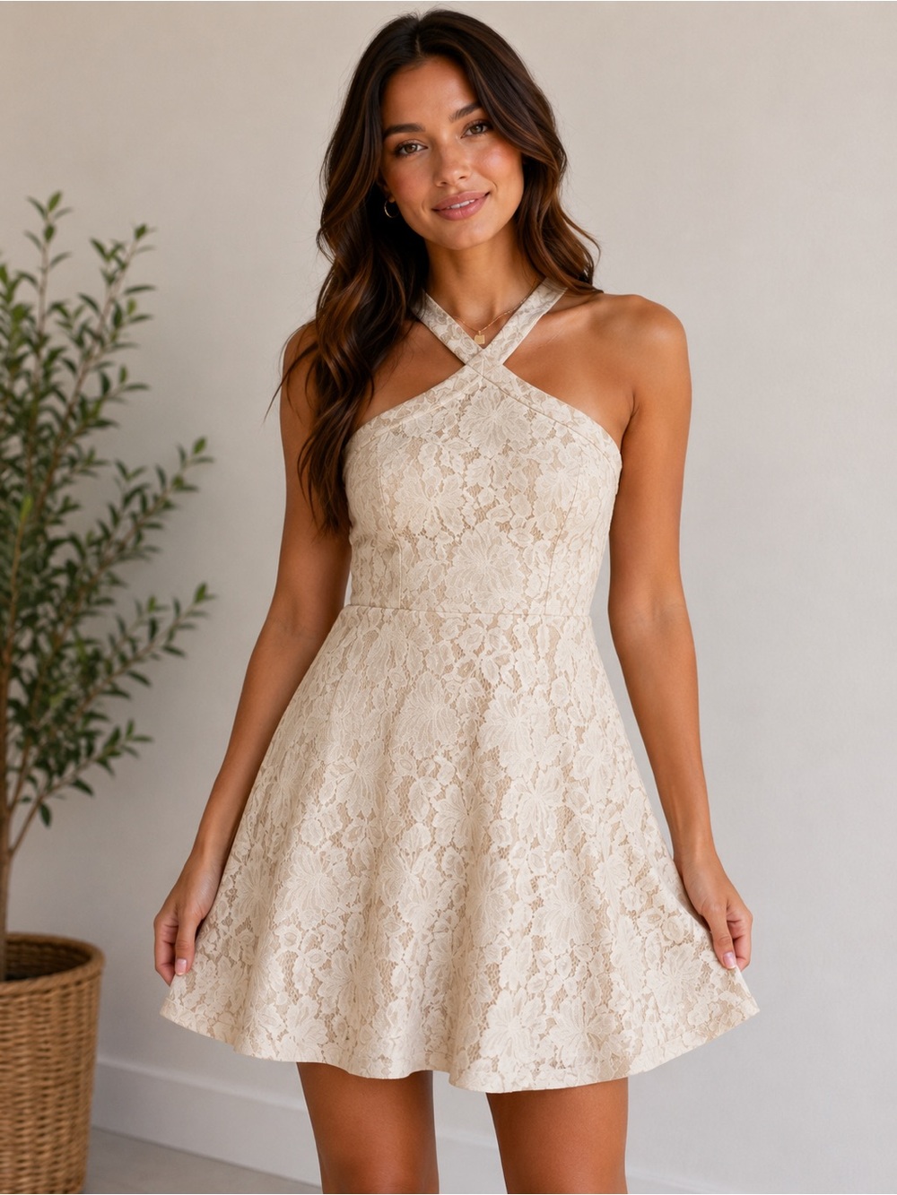 American Threads Ivory Lace Halter Mini Dress Size Small Fit & Flare